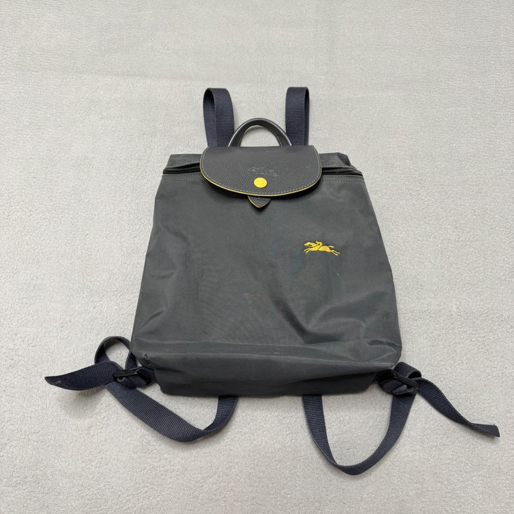 Longchamp Le Pliage Backpack Sac A Dos Gray Yellow Nylon Leather Travel Bag